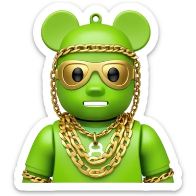 classic bearbrick figure with lime green mask covered in chaotic brand logos, wearing several large gold chains, gold pendant, rapper style accessories, expressive eyebrows sticker