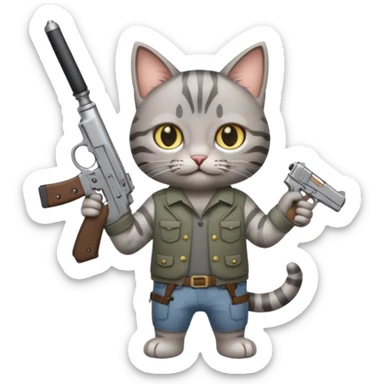 A cat holding a gun and a knife sticker