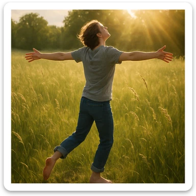 A person in casual clothes, barefoot, spinning with arms wide open in a field of tall grass, sunlight streaming, realistic style sticker