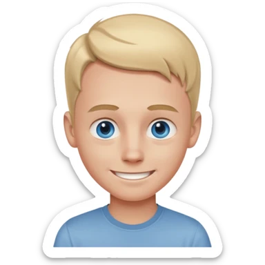 young blonde boy with blue eyes, big forehead, smiling, pale skin with slight red tint from tanning bed, wearing a grey button shirt sticker