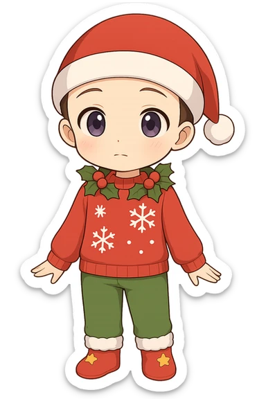 Add Christmas-themed outfit to the chibi character: a red hat with white stripe, red sweater with snowflakes, green pants or skirt, and festive accessories, maintaining the chibi style and transparent background. sticker