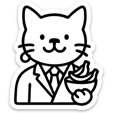 cat with a dog nose, wearing a suit, earring, holding a cup of bananas, playful expression sticker
