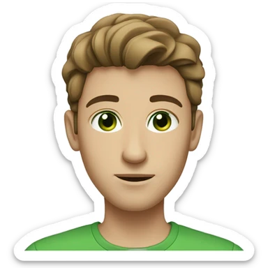 light-skinned man with green eyes and styled brown hair writing sticker