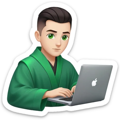 male wizzard with dark hair, mid bald fade haircut, slick back hairstyle, green eyes, dark robe green aura coding on laptop sticker