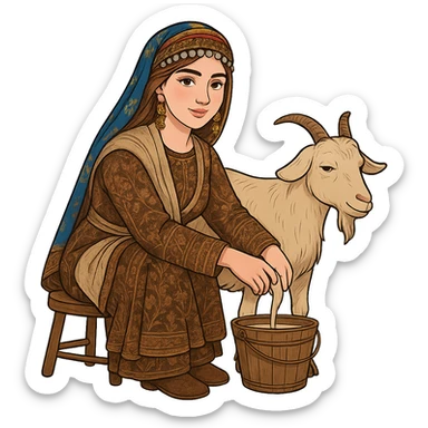 Create a Kurdish cartoon sticker featuring the same woman in a new Kurdish dress milking a goat. The goat is either sitting or standing with its udder clearly visible between the two back legs. The woman is sitting on a stool with her hand on the udder and a bucket underneath. The style should be clear and realistic cartoon, no text, transparent background. sticker