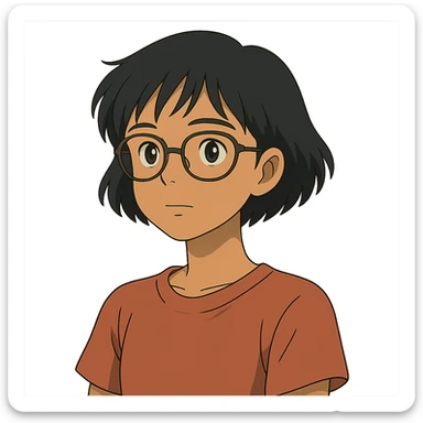 ghibli style Asian girl with tan skin, short black hair, and glasses sticker