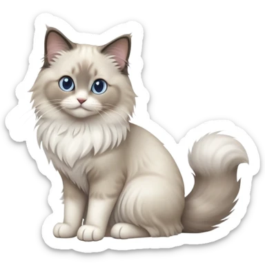 cinematic-[Ragdoll cat]-realistic-full-body-sitting-emoji,-tail-curled-playfully-around-its-paws,-head-tilted-dramatically,-fluffy-[grey ragdoll cat]-fur,-simplified-yet-realistic-focused-features,-highly-detailed,-glowing-with-an-almost-sarcastic-glow sticker