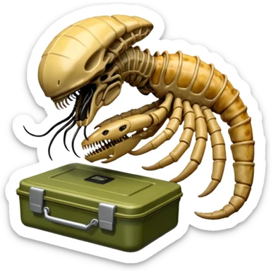 The Predator, as in the 1987 movie, eating an Alien facehugger from a lunchbox, the setting should be dark and sci-fi. sticker