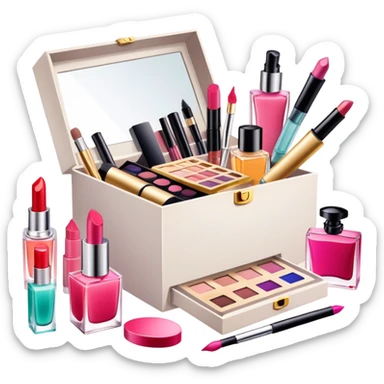 an opened box with various beauty items spilling out, including makeup, skincare, and perfume sticker