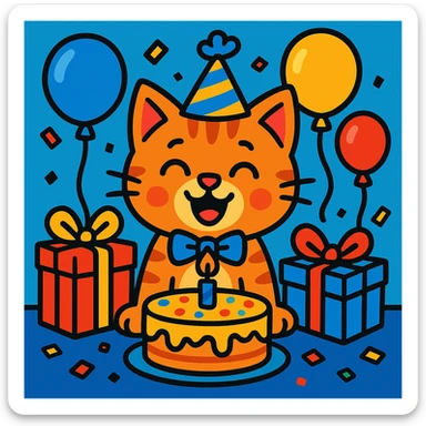 a ginger tabby kitten celebrating its birthday, wearing a birthday hat, surrounded by a birthday cake, balloons, gifts, and looking happy sticker