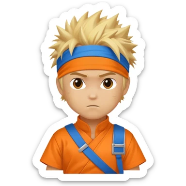 A blonde ninja boy with spiky hair, whisker marks on cheeks, orange outfit, and blue headband with metal plate sticker