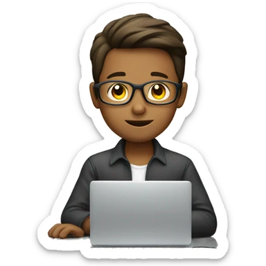 a boy with glass on computer working ha sticker