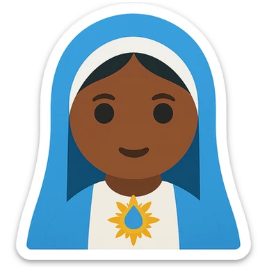Edit the image of Virgin Mary to have deep tanned skin with simplified emoji traits, a round face, minimal details, large eyes, and a small mouth. Remove the background. The style should resemble a simplified emoji look with minimal details and a clean appearance. sticker