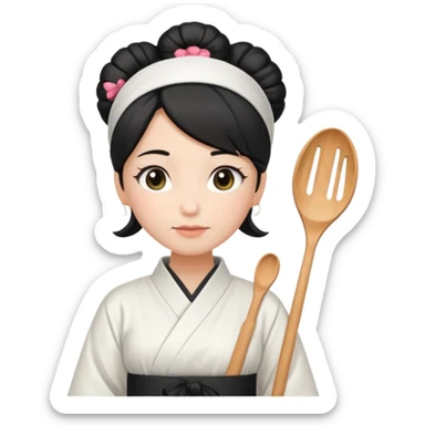 middle age mom with black bun wearing white home kimono and white apron sticker