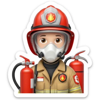 Firefighter with white respiratory protection white color helmet with fire extinguisher sticker