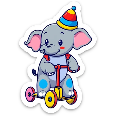 Comical gray elephant wearing a clown hat riding a small colorful tricycle sticker