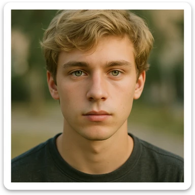 retrato realista de un chico joven, pelo rubio, ojos verdes, fondo desenfocado sticker