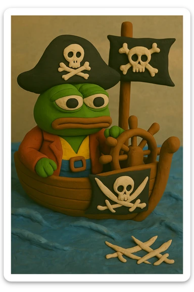 Ensure the exact skull and crossbones is clearly visible on both the pirate flag and the pirate hat in the claymation style image of Pepe the Frog as a pirate on a ship in the ocean. sticker