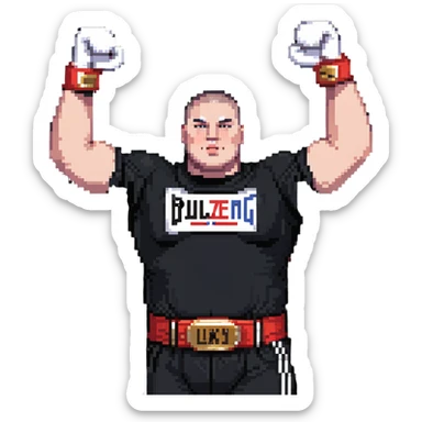 white man with dark hair, dark eyes, buzzcut faded haircut, overweight 100kg boxer, chubby face, stocky build, wearing full black clothes, black adidas boxing gloves, victory pose with arms raised, holding championship belt, upper body only no legs visible, highly pixelated sticker