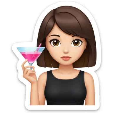 brunette hair down bob girl black top holding a cosmo sticker