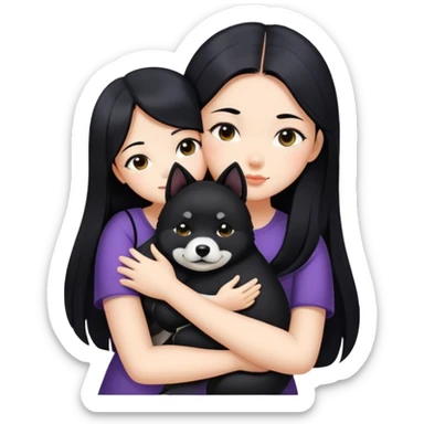 A beautiful girl with long black hair hugs a Black Shiba Lnu sticker