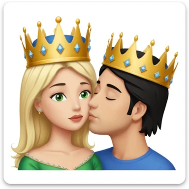Blonde Queen with crown Green eyes naked kissing Male man without crown black hair blue eyes Background sleeping room  sticker