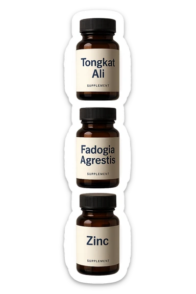 4 boccette di integratore: Tongkat Ali, Fadogia Agrestis, Boron e Zinco fluttuano in aria verticalmente sticker