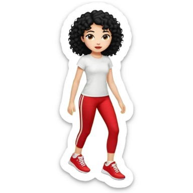 generate a pretty bratz fair skinned girl with curly black hair wearing a white tshirt trekking on a hill with red sneakers on and black leggings.  Put a hill behind her sticker