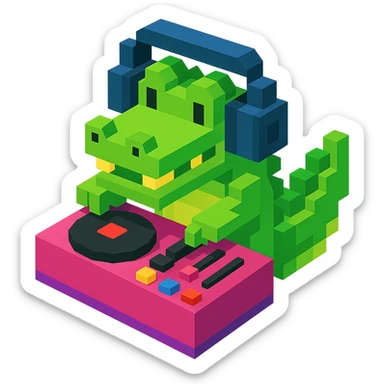 voxel style crocodile DJ with headphones and turntable, isometric view sticker