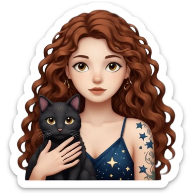 woman with long curly brown hair, brown eyes, white skin, tattoos, black cat made of star constellations beside her sticker