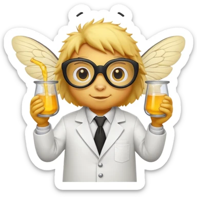 a bumblebee wearing a white lab coat holding a beaker sticker