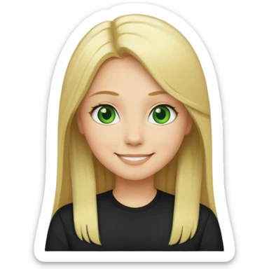 Long straight blonde hair with green eyes and black shirt smiling sticker