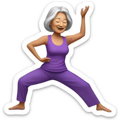 Long hair Asian senior woman in purple yoga cloth dancing Zumba sticker