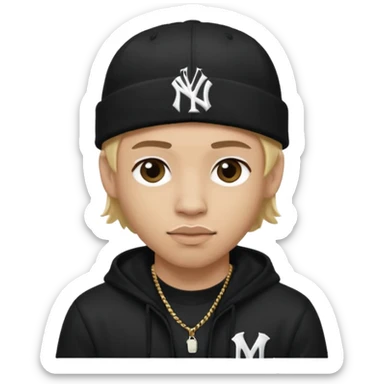 rapper da trắng, tóc vàng, full đen, có mũ len hãng MLB, đẹp trai
 sticker