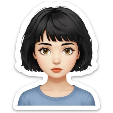 Gorgeous french woman short french haircut tousled textured messy wavy hair short straight-across blunt baby bangs black hair Amelie elegant woman with beautiful hair aesthetic neutral color shirt sticker