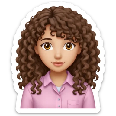 A Latina girl with brown eyes and long loose curly hair with curly bangs with a light pink shirt sticker
