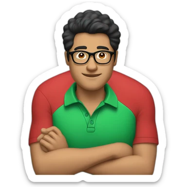 Man with black hair and glasses wearing red shirt with green polo collar no straps sticker