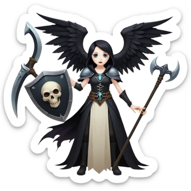 Necromancer girl with wings, a scythe and shield, in front of a dead mage sticker