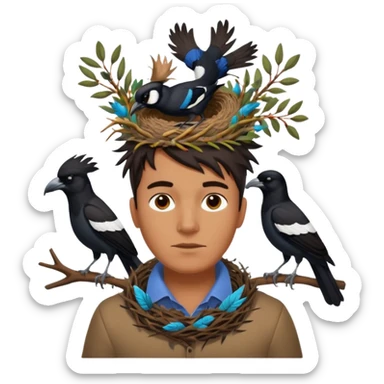 A man who has an Australian magpie, birds nest on top of his head for hair sticker