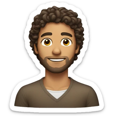 brunette tan guy with longer curly hair touching his beard with one hand sticker