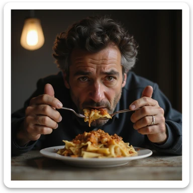 uomo di circa 20 anni, triste, che mangia un piatto di pasta, espressione triste, iperrealismo 4K, variazione 9 sticker