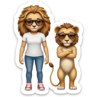 friendly anthropomorphised female lion, full body, standing confidently with legs shoulder width apart, arms folded, wearing jeans, white t-shirt, dark sunglasses, trainers, determined expression sticker