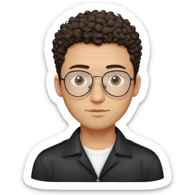 Man with small face and prominent forehead, teardrop-shaped aviator glasses, totally shaved sides with very minimal dark curly hair only on top, light brown complexion, gentle expression, black button-up shirt sticker