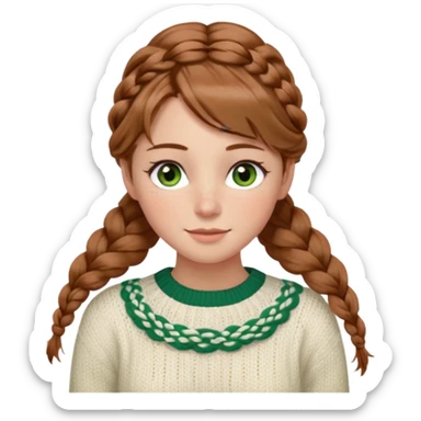 light brown hair hazel/green eyes woman with a white cable knit sweater and one braid down her back  with tendrils of hair flowing down her face and she is happy pale, some freckles, blush. she has a cateye wing and long lashes sticker