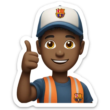 smiling boy in stylish outfit Barcelona cap showing thumbs up sticker
