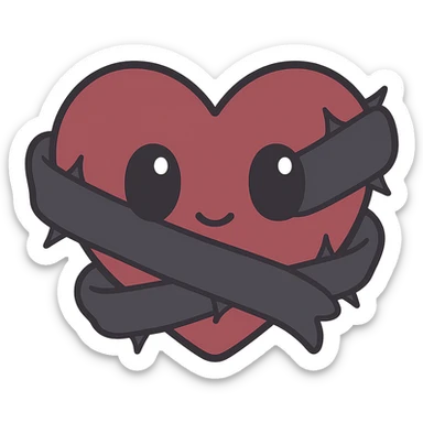 kawaii heart emoji wrapped in black silk ribbon with thorns piercing slightly through, no text, quiet possession, subdued and symbolic, cold romantic tone, muted color palette of gray and deep red, suitable for discord icon size sticker