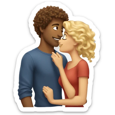 Curly brown-haired woman kisses a blond guy sticker