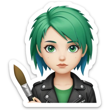 Punk-girl with green hair and blue eyes in leather jacket with brush  sticker