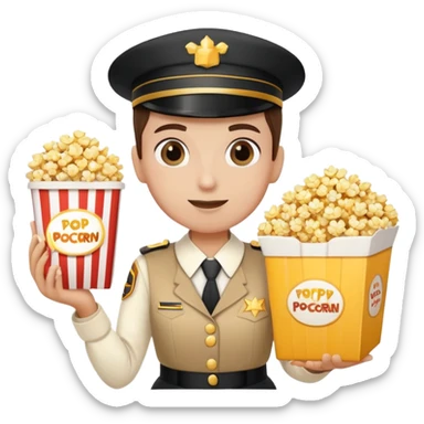 vendedora de palomitas en el cine, con uniforme y caja de palomitas en las manos sticker