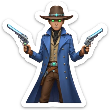 A tall alien cowboy standing in a dusty desert on an alien planet, wearing a futuristic cowboy hat and long trench coat, glowing eyes, twin plasma revolvers on his belt, dramatic sunset, cinematic lighting, ultra realistic, high detail, epic sci-fi western atmosphere

 sticker